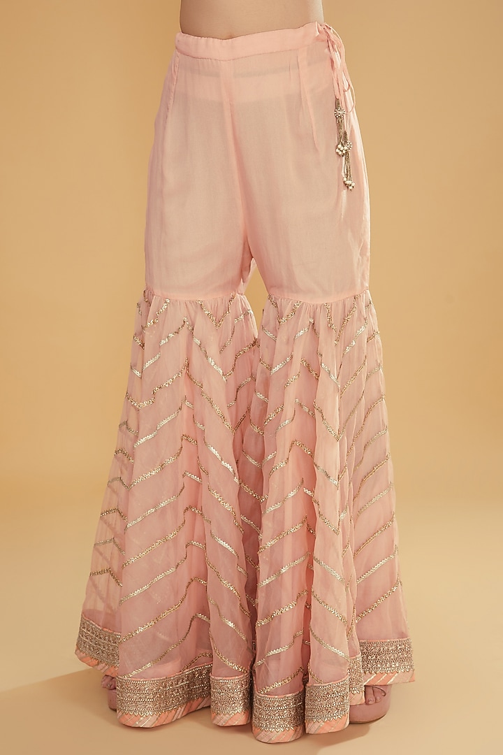 Peachy Pink Organza Gota Embroidered Bridal Sharara Set by Kavita Bhartia at Pernia's Pop Up Shop