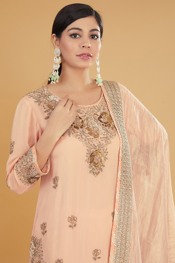 Peachy Pink Organza Gota Embroidered Bridal Sharara Set by Kavita Bhartia at Pernia's Pop Up Shop