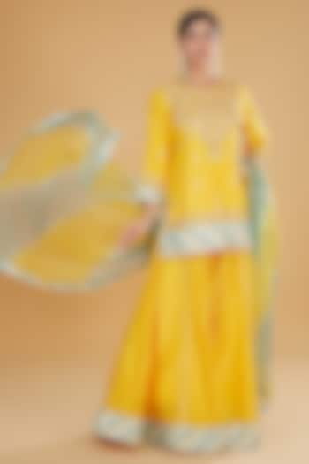 Yellow Pure Silk Chevron Sharara Set by Kavita Bhartia