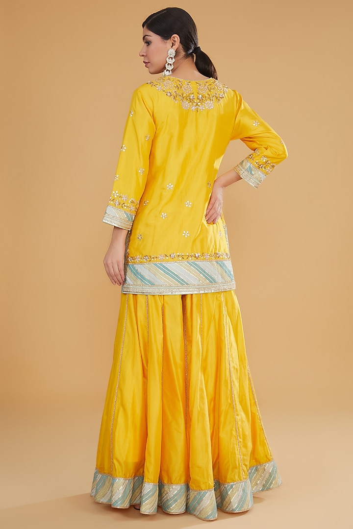 Yellow Pure Silk Chevron Bridal Sharara Set by Kavita Bhartia at Pernia's Pop Up Shop