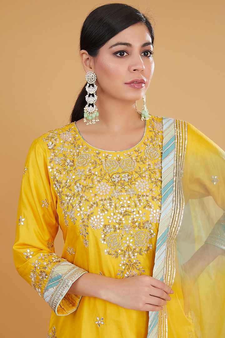 Yellow Pure Silk Chevron Bridal Sharara Set by Kavita Bhartia at Pernia's Pop Up Shop