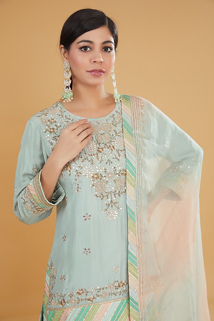 Sage Green Pure Silk Chevron Bridal Sharara Set by Kavita Bhartia at Pernia's Pop Up Shop