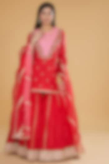 Crimson Red Pure Silk Sharara Set by Kavita Bhartia