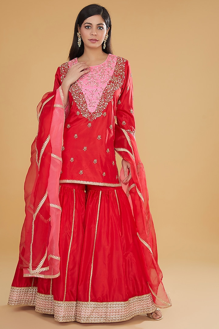 Crimson Red Pure Silk Sharara Set by Kavita Bhartia