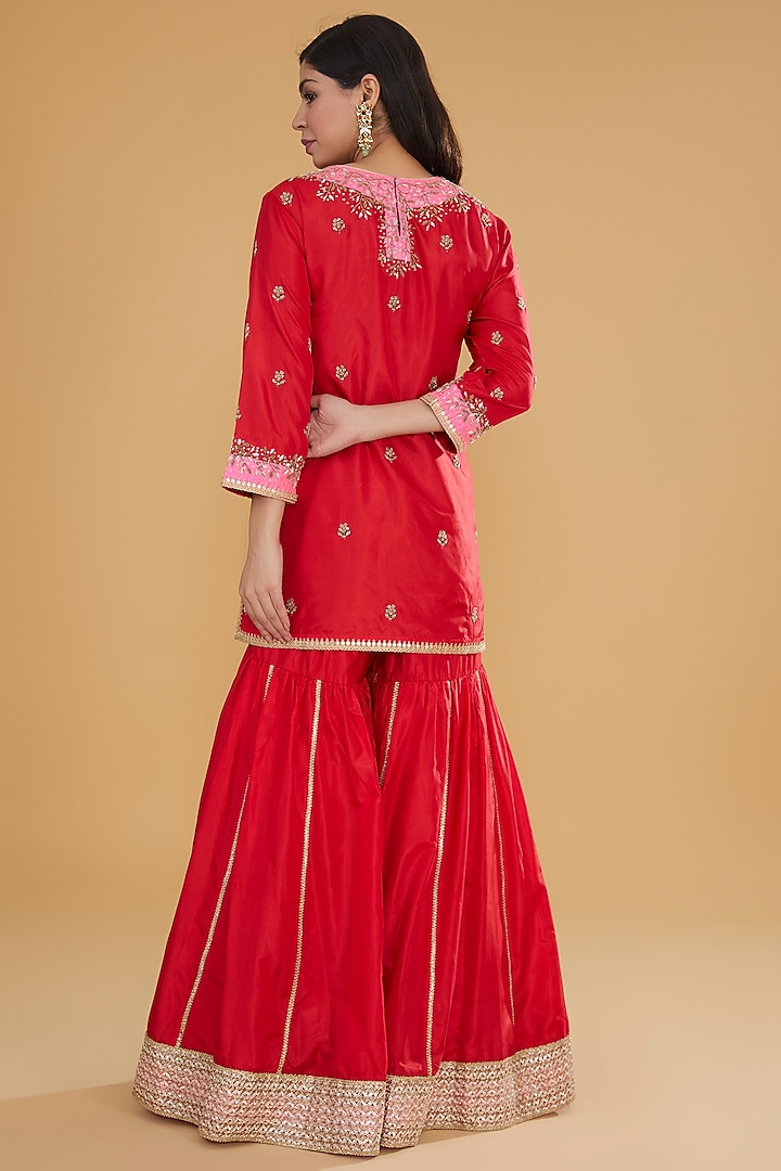 Crimson Red Pure Silk Bridal Sharara Set by Kavita Bhartia at Pernia's Pop Up Shop