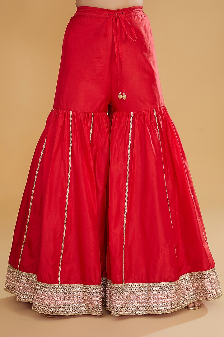 Crimson Red Pure Silk Bridal Sharara Set by Kavita Bhartia at Pernia's Pop Up Shop