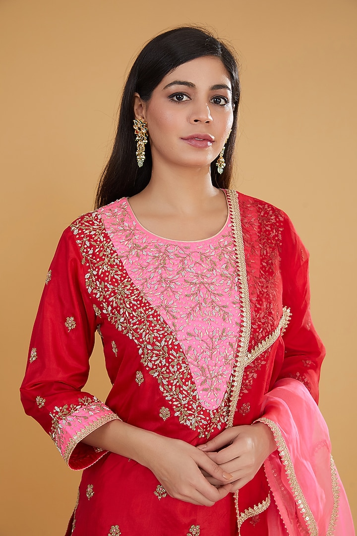 Crimson Red Pure Silk Bridal Sharara Set by Kavita Bhartia at Pernia's Pop Up Shop