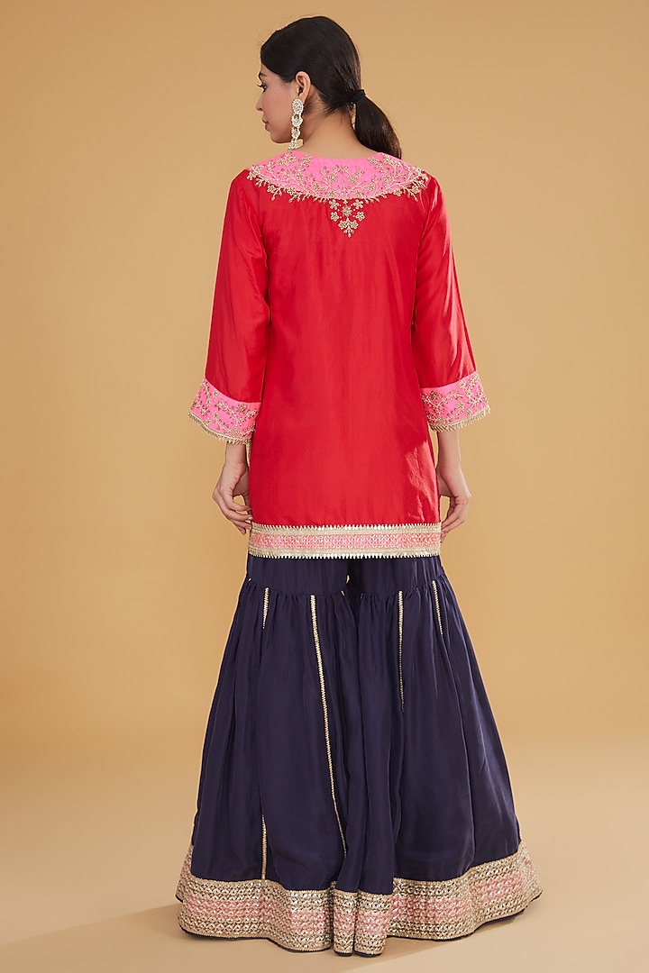 Navy Blue Pure Silk Hand Embroidered Bridal Sharara Set by Kavita Bhartia at Pernia's Pop Up Shop