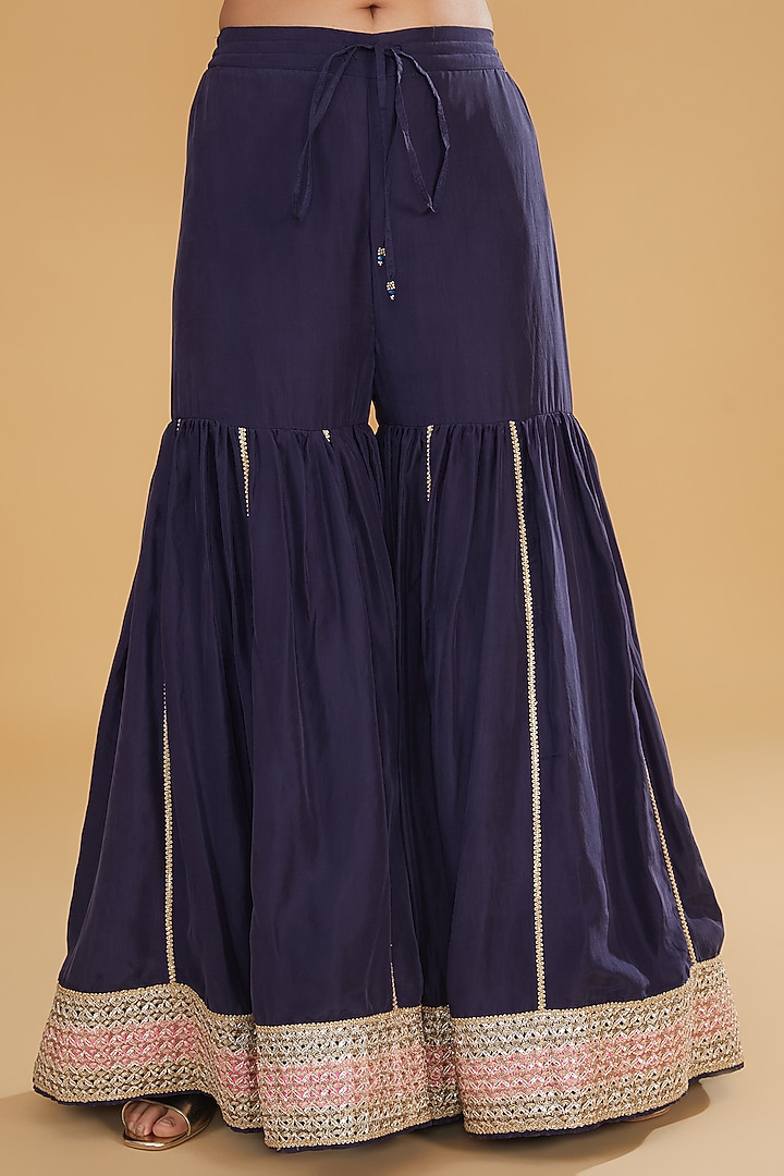 Navy Blue Pure Silk Hand Embroidered Bridal Sharara Set by Kavita Bhartia at Pernia's Pop Up Shop