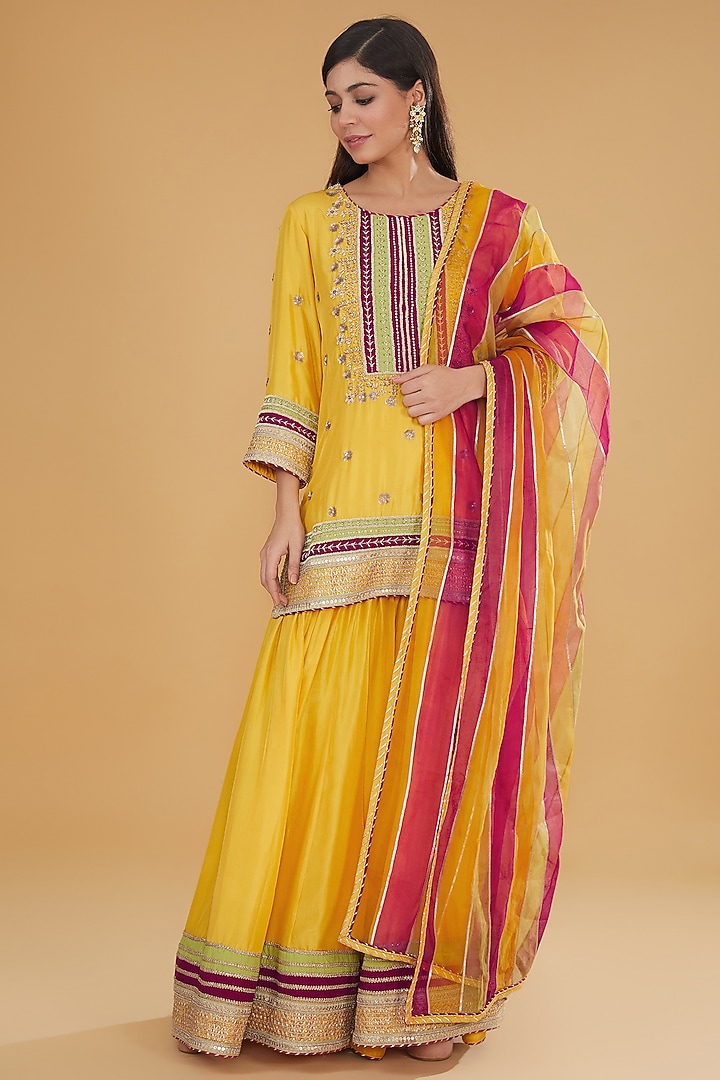 Yellow Pure Silk Zardosi Hand Embroidered Bridal Sharara Set by Kavita Bhartia at Pernia's Pop Up Shop