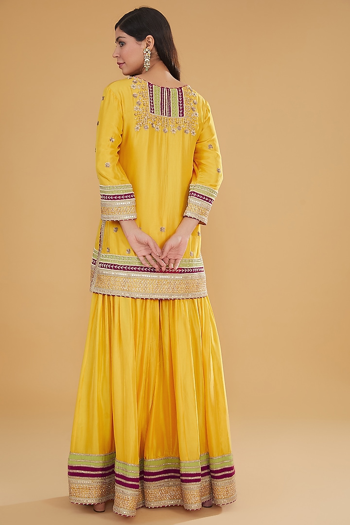 Yellow Pure Silk Zardosi Hand Embroidered Bridal Sharara Set by Kavita Bhartia at Pernia's Pop Up Shop