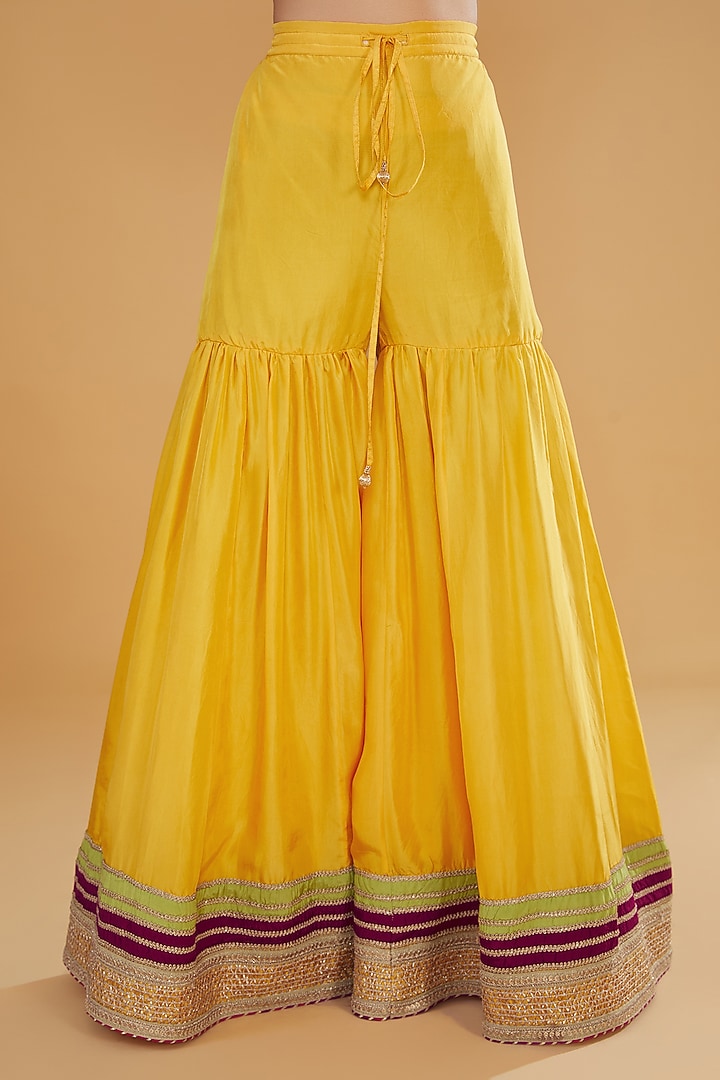 Yellow Pure Silk Zardosi Hand Embroidered Bridal Sharara Set by Kavita Bhartia at Pernia's Pop Up Shop