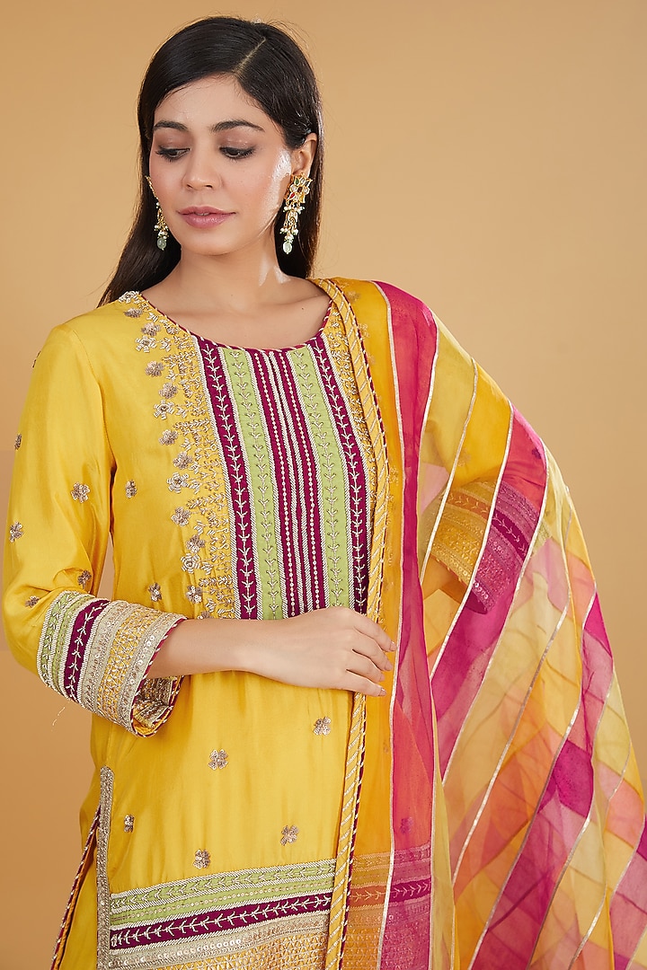 Yellow Pure Silk Zardosi Hand Embroidered Bridal Sharara Set by Kavita Bhartia at Pernia's Pop Up Shop