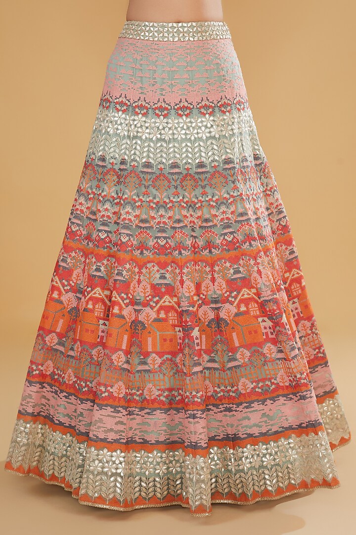 Multi-Colored Organza Cross-Stitched Embroidered Wedding Lehenga Set by Kavita Bhartia at Pernia's Pop Up Shop