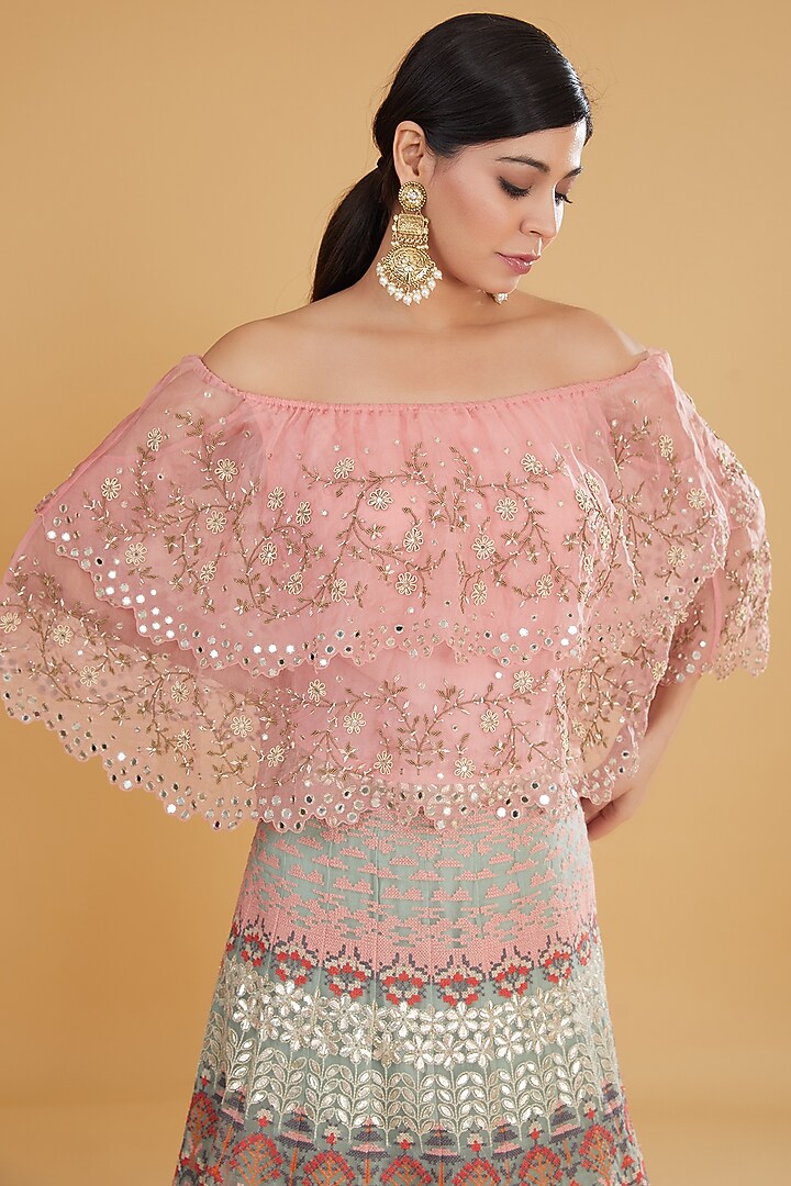 Multi-Colored Organza Cross-Stitched Embroidered Wedding Lehenga Set by Kavita Bhartia at Pernia's Pop Up Shop