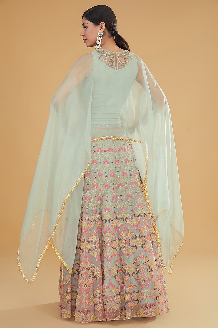 Sage Green Organza Cross-Stitched Motif Embroidered Wedding Lehenga Set by Kavita Bhartia at Pernia's Pop Up Shop