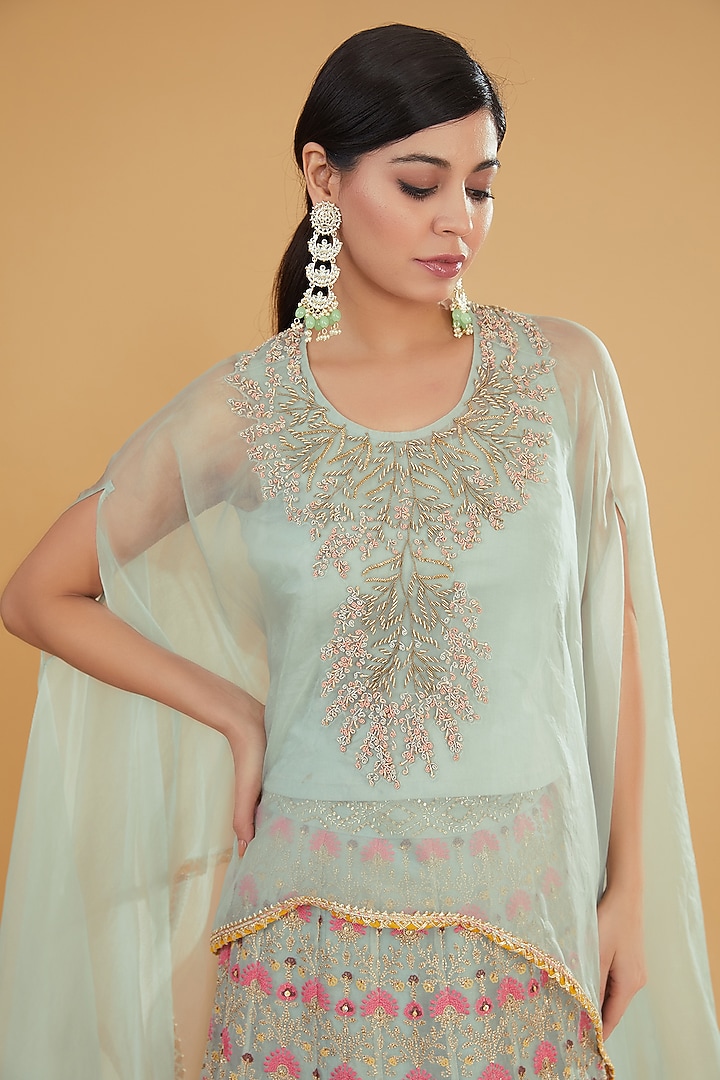 Sage Green Organza Cross-Stitched Motif Embroidered Wedding Lehenga Set by Kavita Bhartia at Pernia's Pop Up Shop
