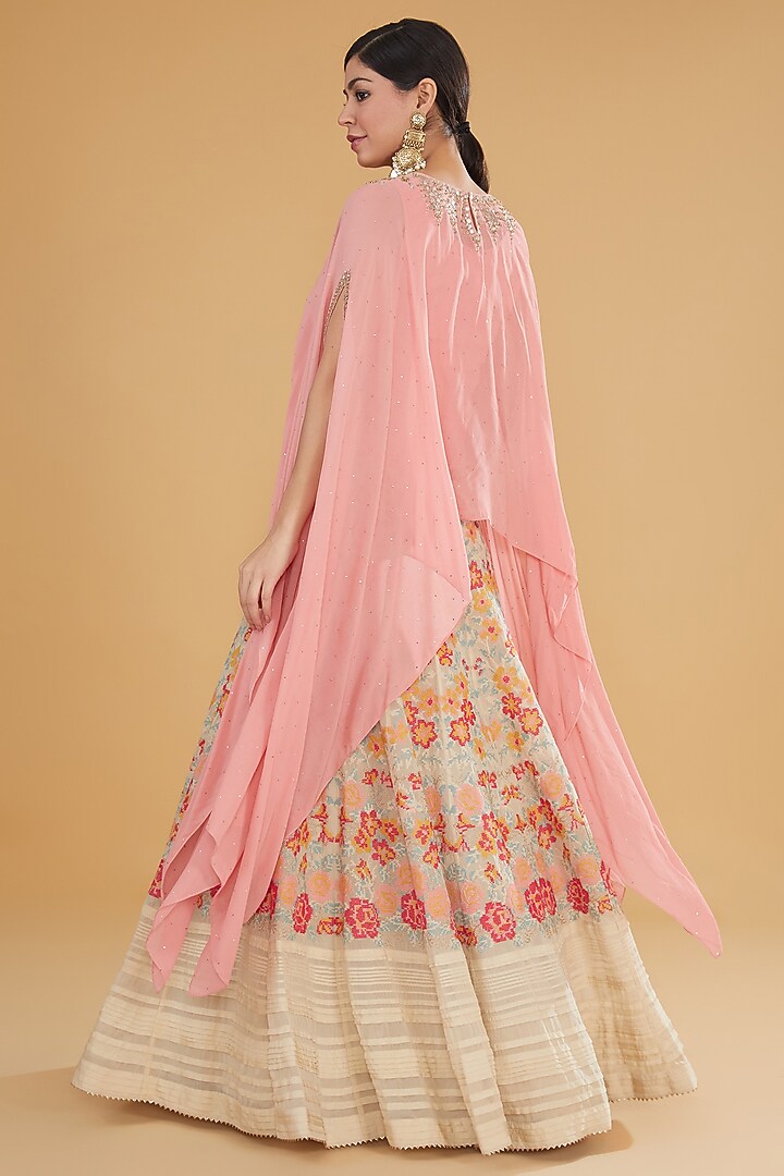 Multi-Colored Mukaish Georgette Floral Cross-Stitched Embroidered Wedding Lehenga Set by Kavita Bhartia at Pernia's Pop Up Shop