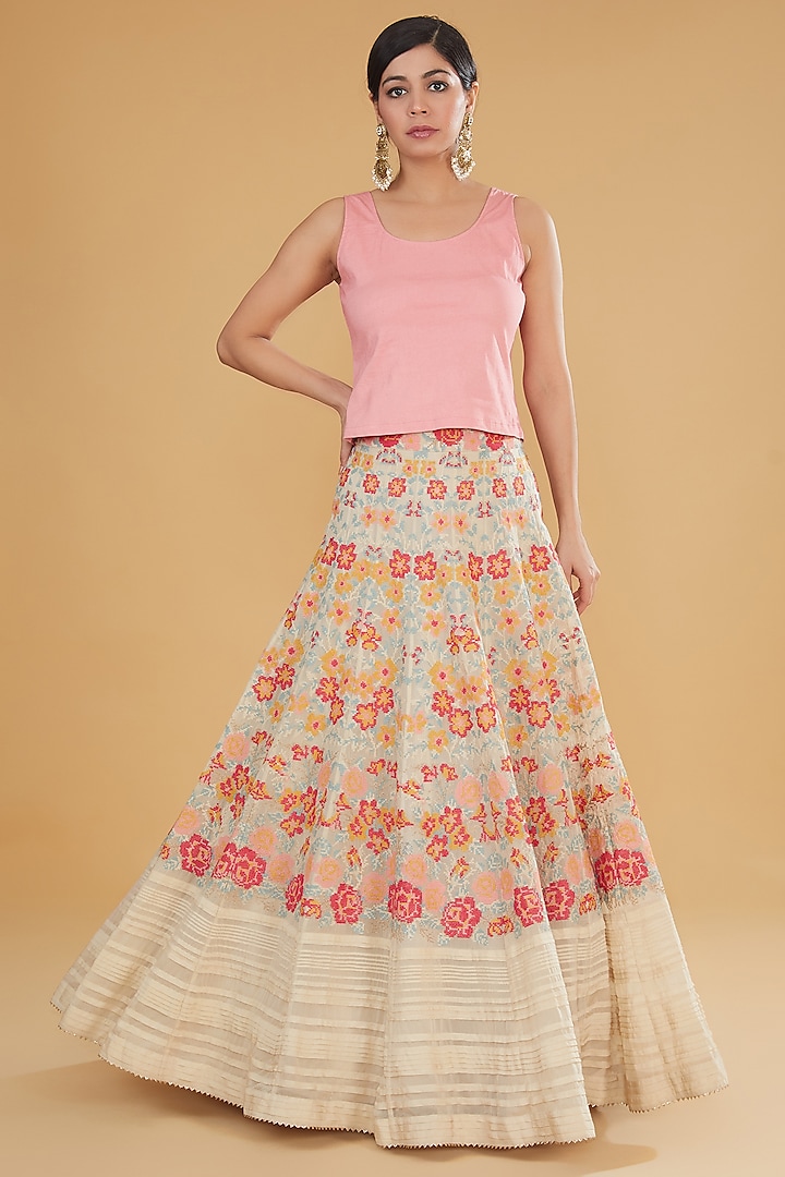 Multi-Colored Mukaish Georgette Floral Cross-Stitched Embroidered Wedding Lehenga Set by Kavita Bhartia at Pernia's Pop Up Shop