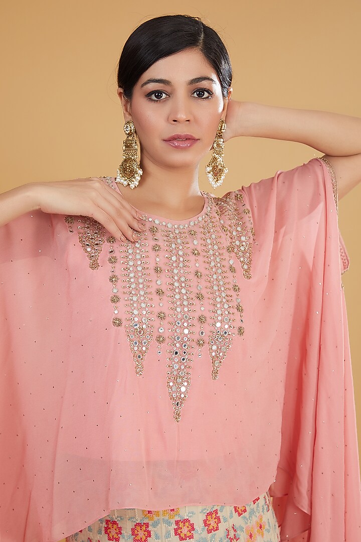 Multi-Colored Mukaish Georgette Floral Cross-Stitched Embroidered Wedding Lehenga Set by Kavita Bhartia at Pernia's Pop Up Shop
