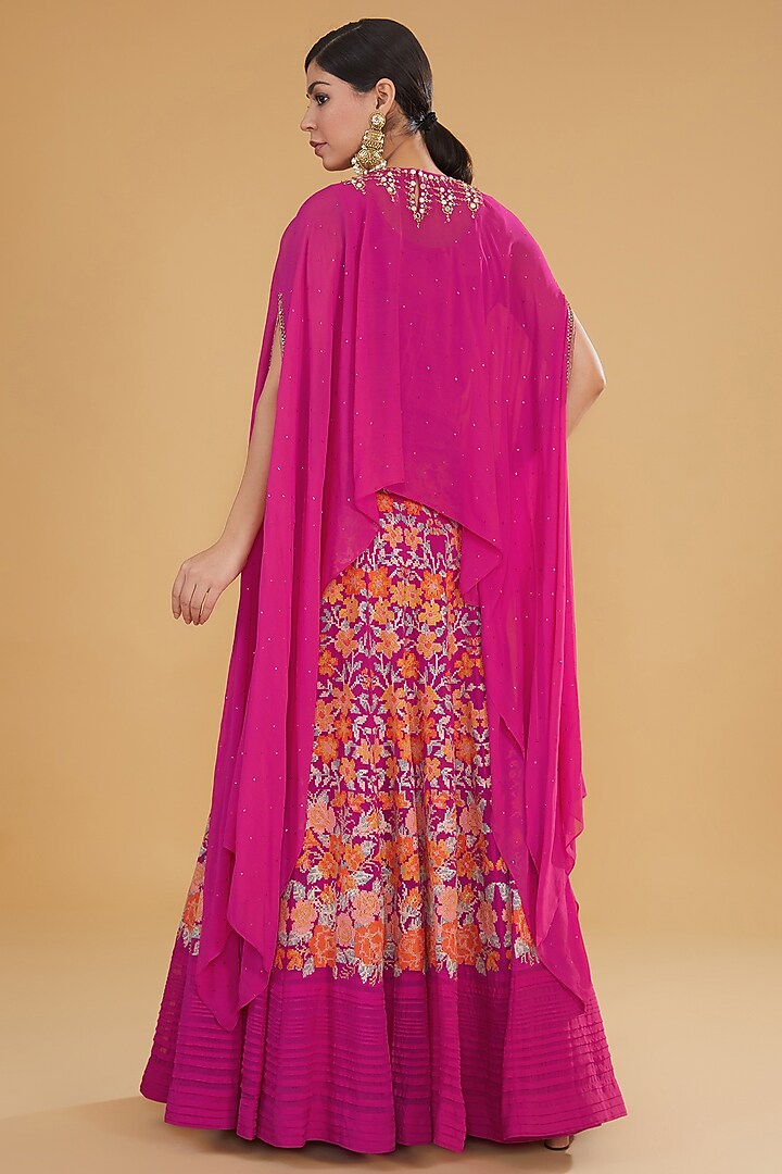 Fuchsia Mukaish Georgette Floral Cross-Stitched Embroidered Wedding Lehenga Set by Kavita Bhartia at Pernia's Pop Up Shop