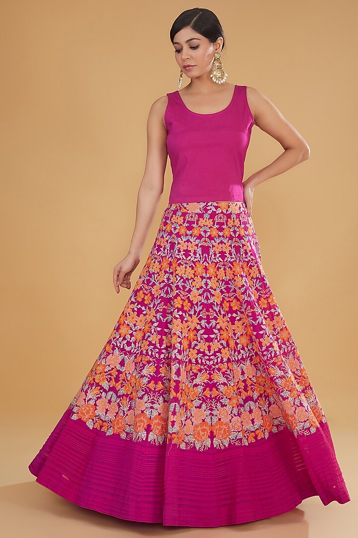 Fuchsia Mukaish Georgette Floral Cross-Stitched Embroidered Wedding Lehenga Set by Kavita Bhartia at Pernia's Pop Up Shop