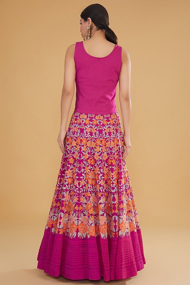 Fuchsia Mukaish Georgette Floral Cross-Stitched Embroidered Wedding Lehenga Set by Kavita Bhartia at Pernia's Pop Up Shop