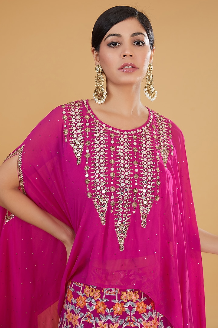 Fuchsia Mukaish Georgette Floral Cross-Stitched Embroidered Wedding Lehenga Set by Kavita Bhartia at Pernia's Pop Up Shop
