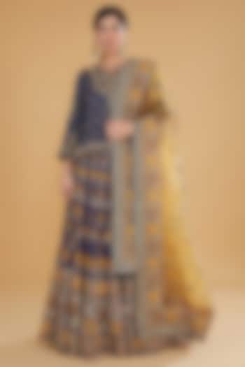 Midnight Blue Mukaish Organza Floral Cross-Stitched Embroidered Wedding Lehenga Set by Kavita Bhartia at Pernia's Pop Up Shop