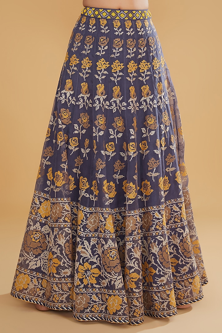 Midnight Blue Mukaish Organza Floral Cross-Stitched Embroidered Wedding Lehenga Set by Kavita Bhartia at Pernia's Pop Up Shop