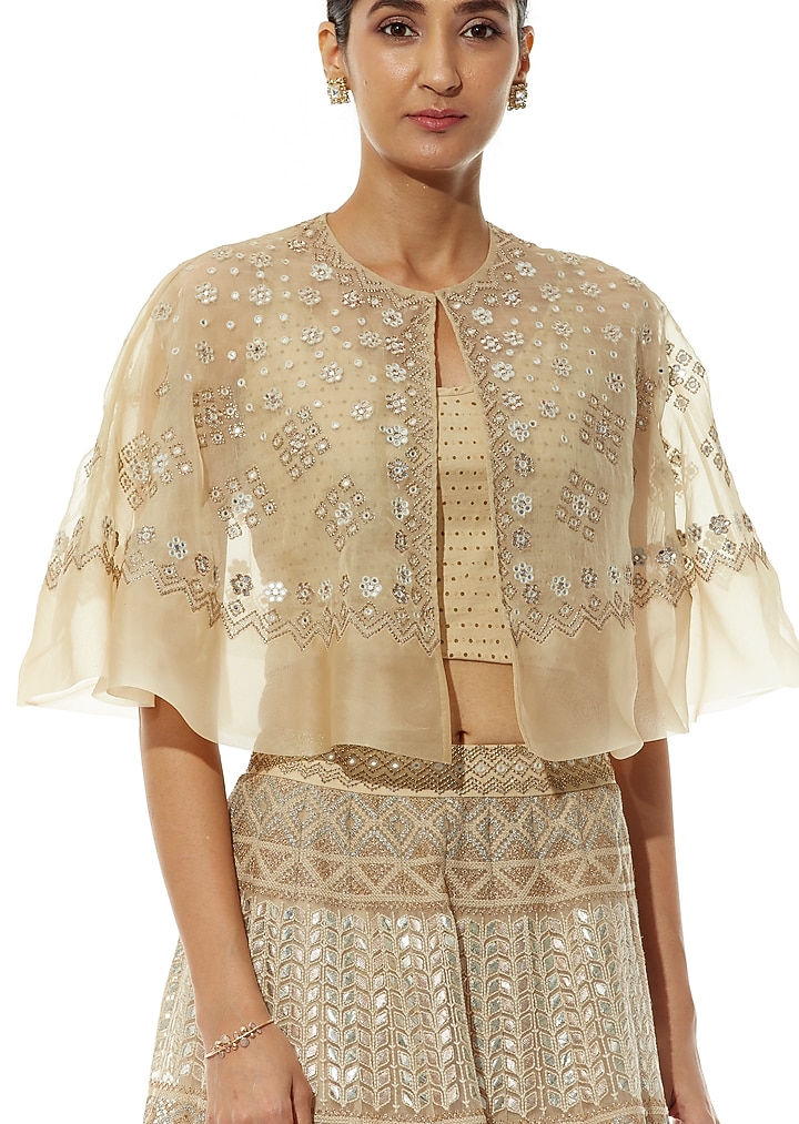 Beige Embroidered Skirt With Cape by Kavita Bhartia at Pernia's Pop Up Shop