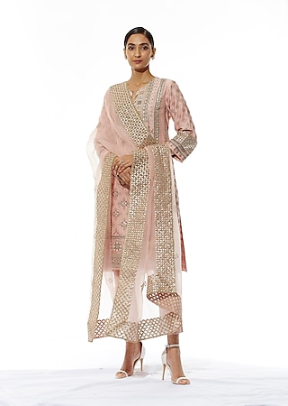 Nude Pink Embroidered Kurta Set by Kavita Bhartia