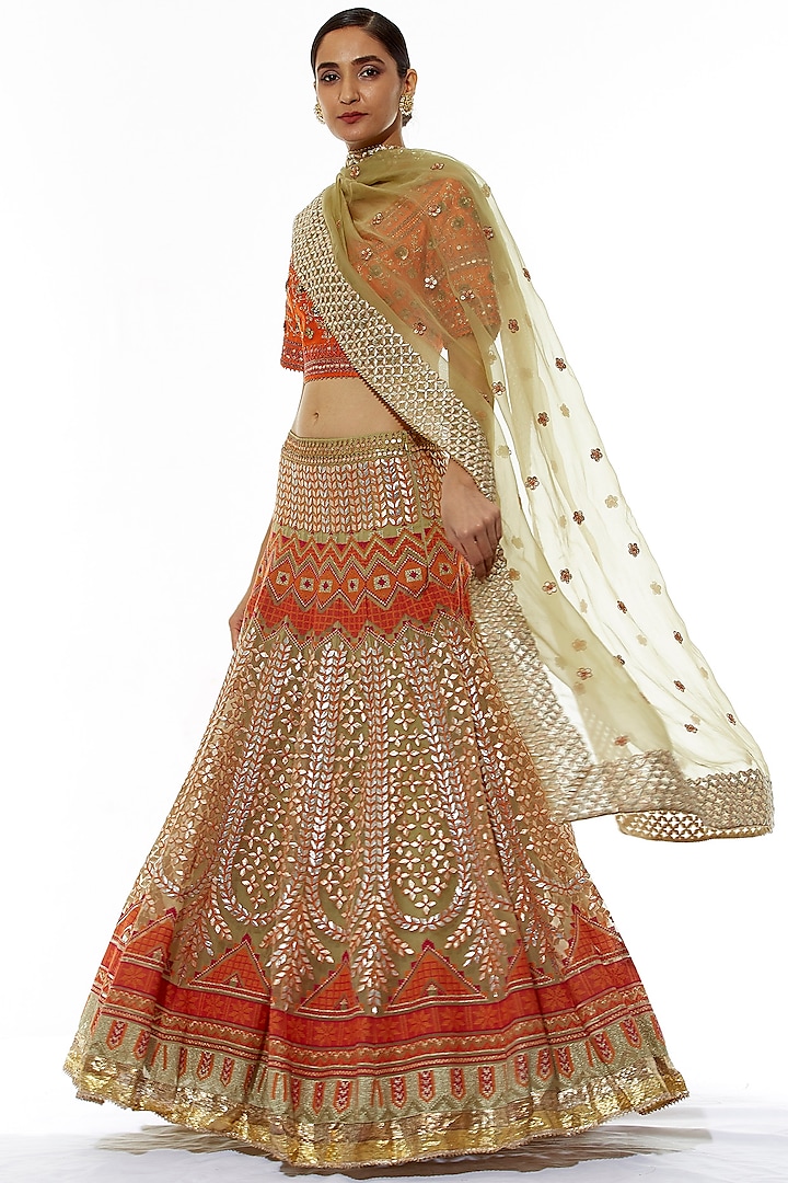 Olive & Rust Embroidered Wedding Lehenga Set by Kavita Bhartia at Pernia's Pop Up Shop