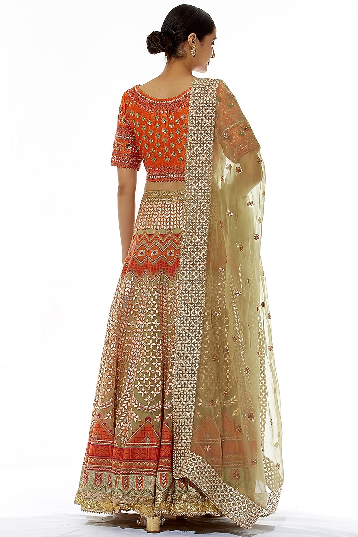 Olive & Rust Embroidered Wedding Lehenga Set by Kavita Bhartia at Pernia's Pop Up Shop
