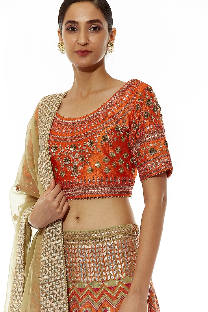 Olive & Rust Embroidered Wedding Lehenga Set by Kavita Bhartia at Pernia's Pop Up Shop