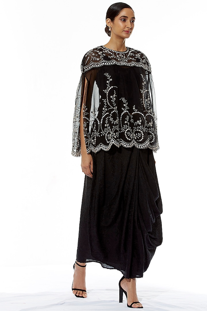 Black Embroidered Cowl Draped Skirt With Cape by Kavita Bhartia