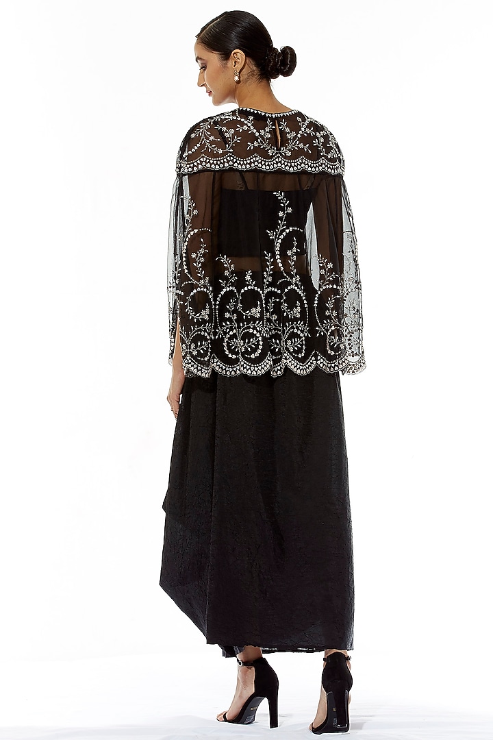 Black Embroidered Cowl Draped Skirt With Cape by Kavita Bhartia at Pernia's Pop Up Shop