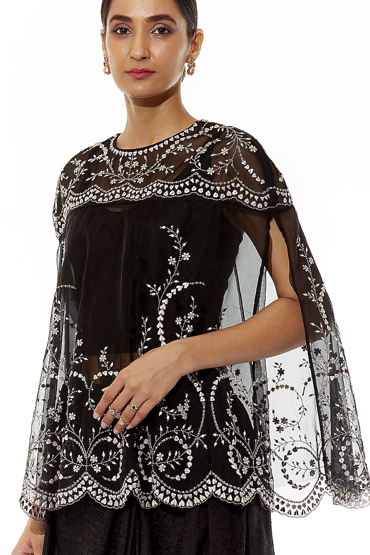 Black Embroidered Cowl Draped Skirt With Cape by Kavita Bhartia at Pernia's Pop Up Shop