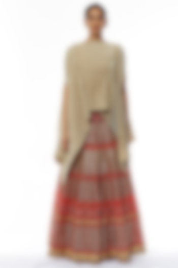Red & Beige Embroidered Skirt With Cape Dupatta by Kavita Bhartia