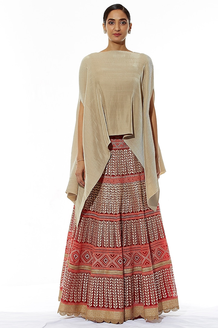 Red & Beige Embroidered Skirt With Cape Dupatta by Kavita Bhartia