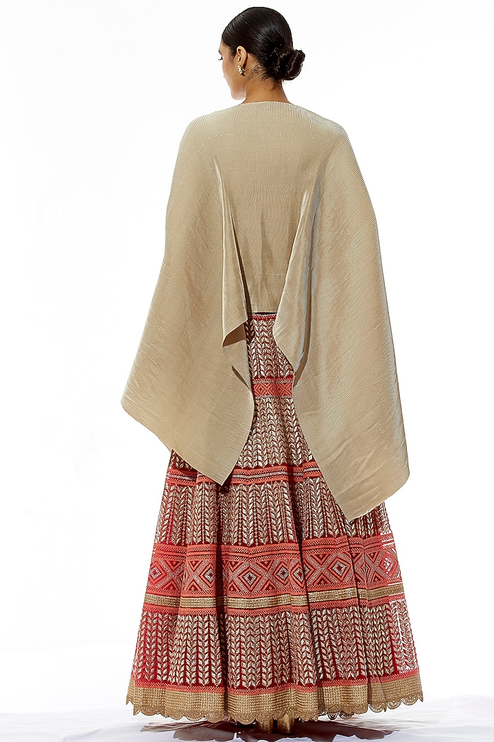 Red & Beige Embroidered Skirt With Cape Dupatta by Kavita Bhartia at Pernia's Pop Up Shop
