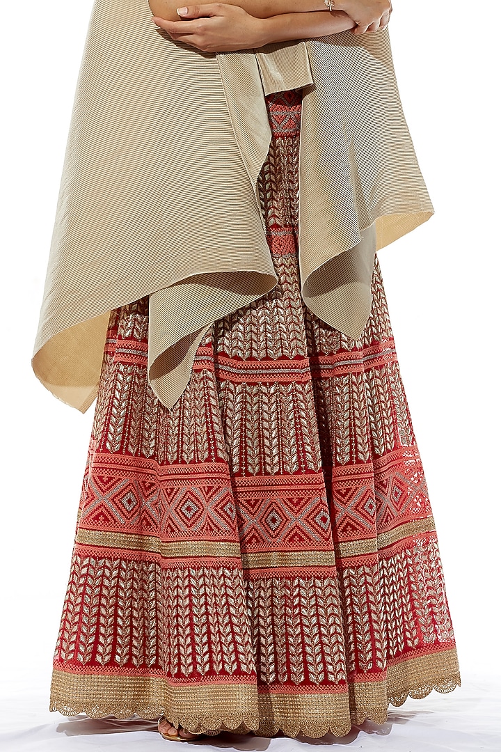 Red & Beige Embroidered Skirt With Cape Dupatta by Kavita Bhartia at Pernia's Pop Up Shop