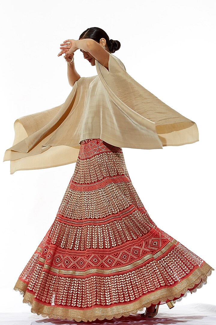 Red & Beige Embroidered Skirt With Cape Dupatta by Kavita Bhartia at Pernia's Pop Up Shop