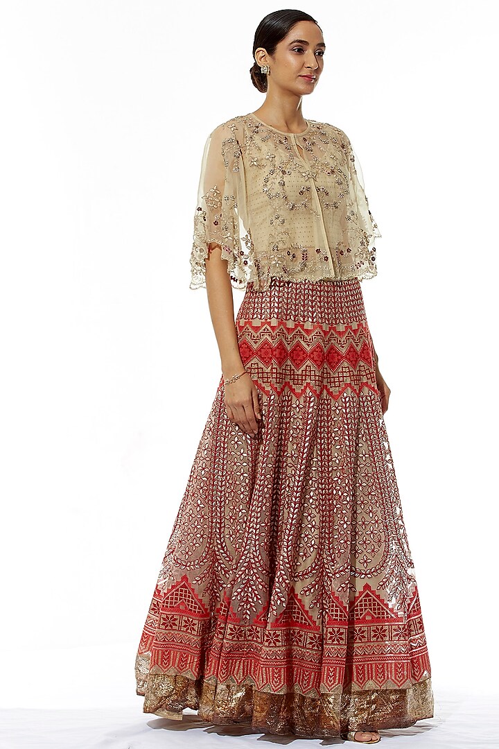 Beige Zardosi Embroidered Skirt With Cape by Kavita Bhartia