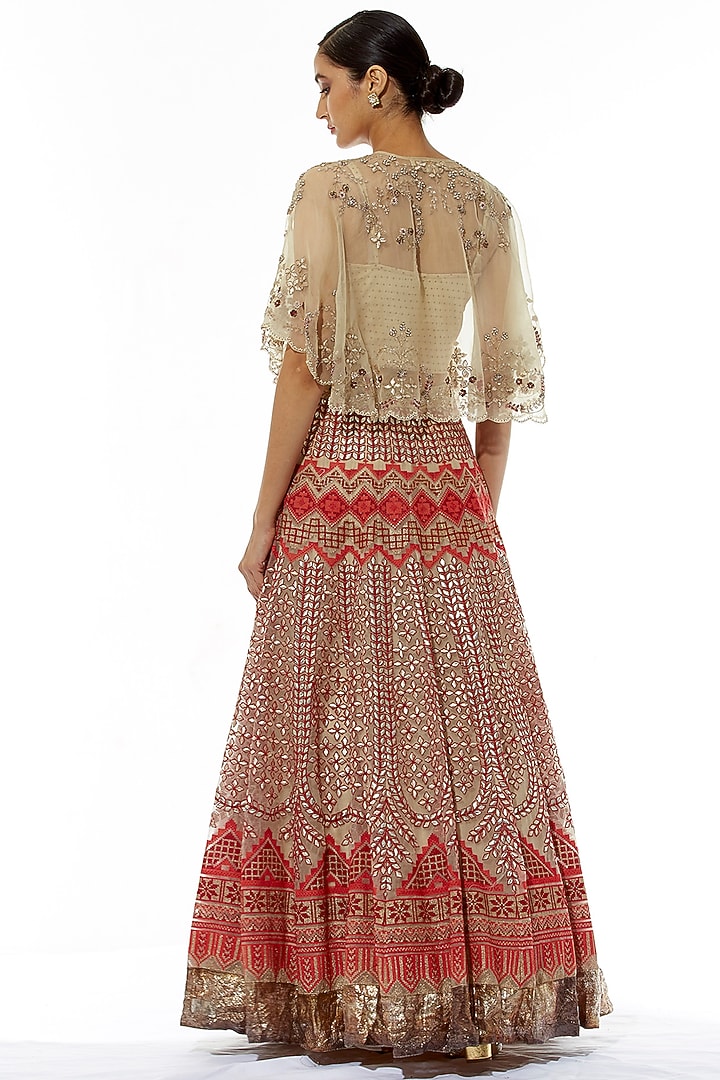 Beige Zardosi Embroidered Skirt With Cape by Kavita Bhartia at Pernia's Pop Up Shop