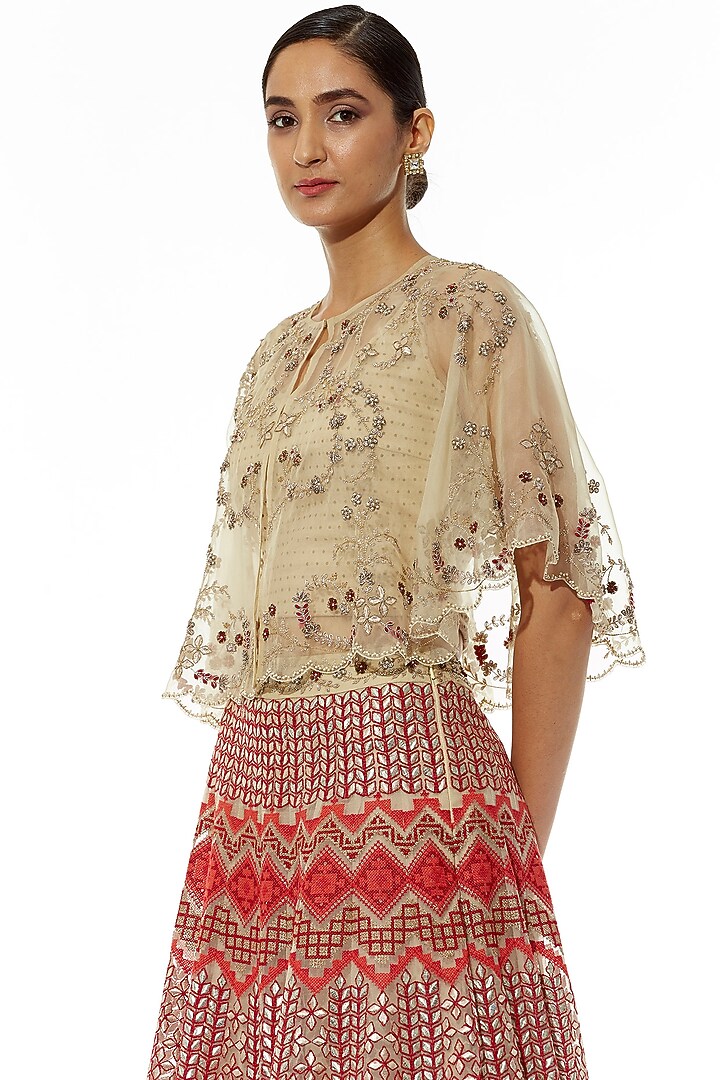 Beige Zardosi Embroidered Skirt With Cape by Kavita Bhartia at Pernia's Pop Up Shop
