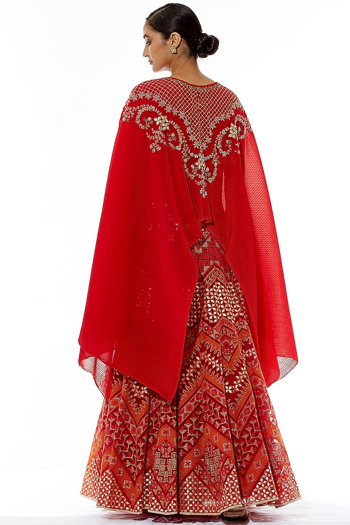Red Embroidered Skirt With Cape by Kavita Bhartia at Pernia's Pop Up Shop