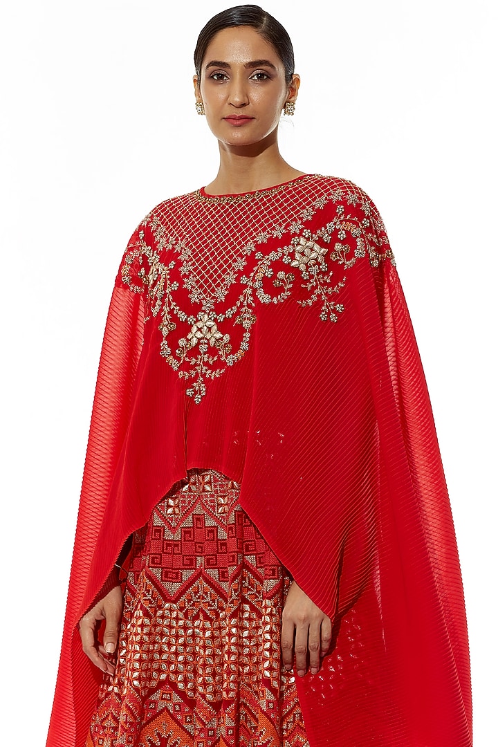 Red Embroidered Skirt With Cape by Kavita Bhartia at Pernia's Pop Up Shop