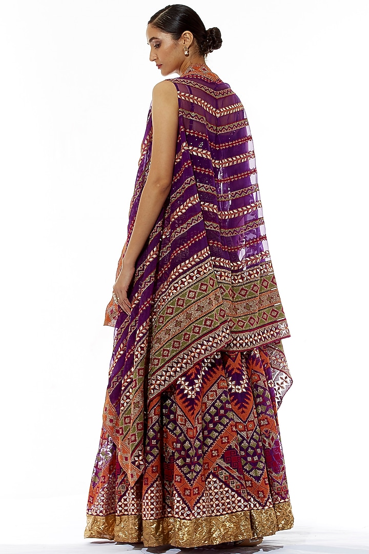 Purple Embroidered Skirt Set With Cape by Kavita Bhartia at Pernia's Pop Up Shop