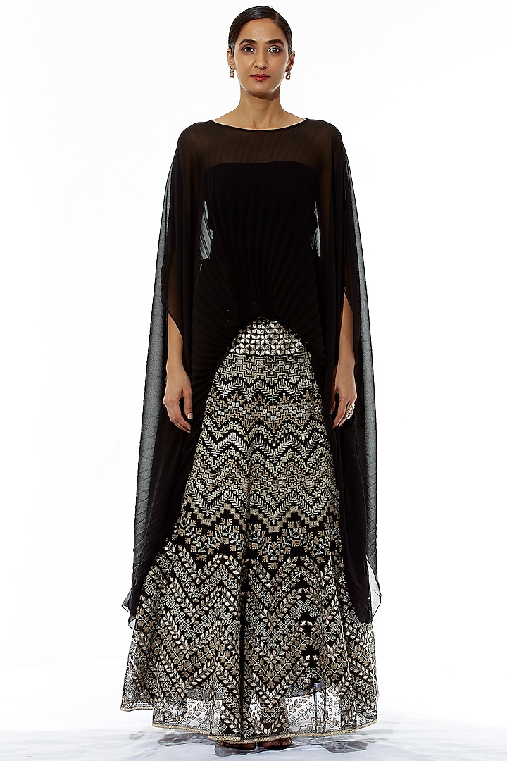Black Embroidered Skirt With Cape by Kavita Bhartia